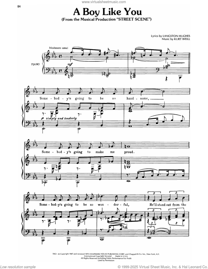 A Boy Like You (from Street Scene) sheet music for voice, piano or guitar by Kurt Weill and Langston Hughes, intermediate skill level