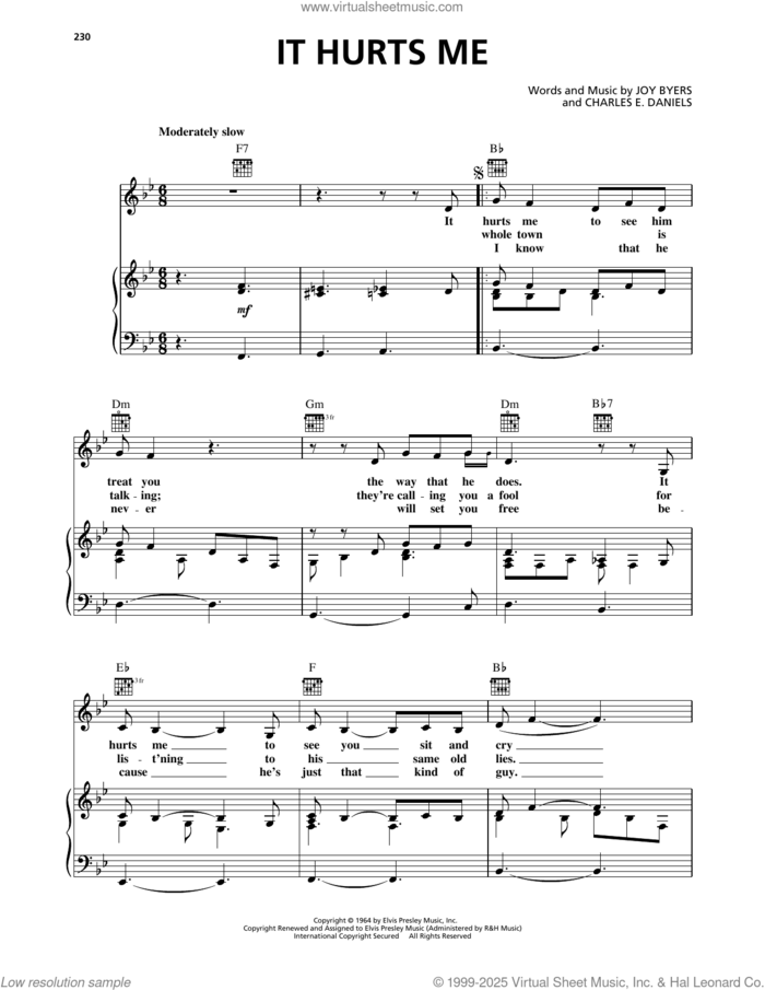 It Hurts Me sheet music for voice, piano or guitar by Elvis Presley, Charles E. Daniels and Joy Byers, intermediate skill level