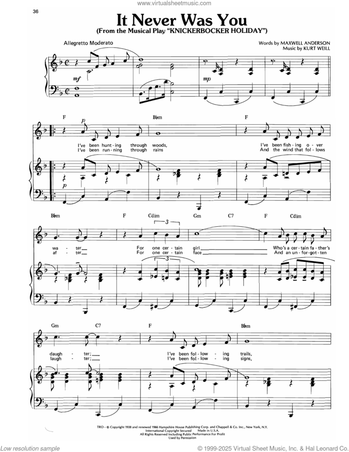 It Never Was You (from Knickerbocker Holiday) sheet music for voice, piano or guitar by Kurt Weill and Maxwell Anderson, classical score, intermediate skill level