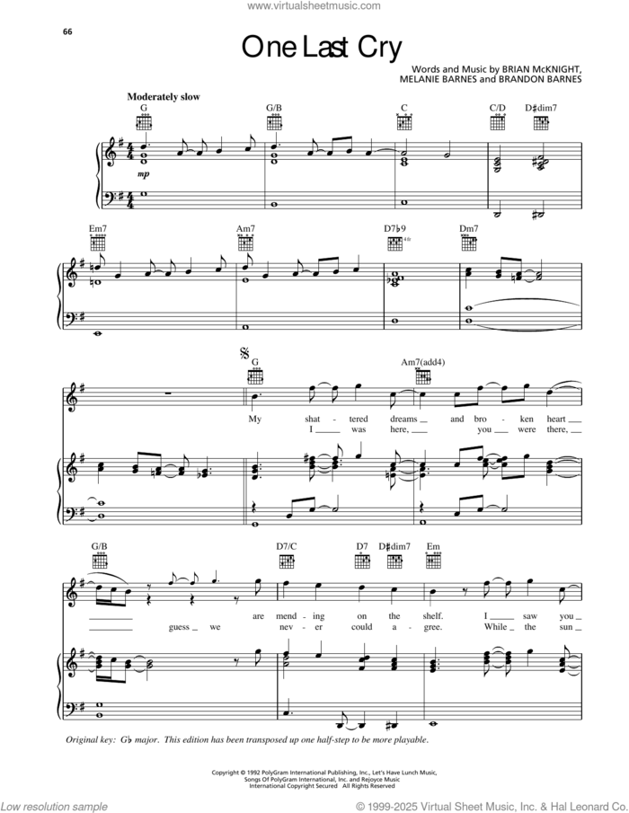 One Last Cry sheet music for voice, piano or guitar by Brian McKnight, Brandon Barnes and Melanie Barnes, intermediate skill level