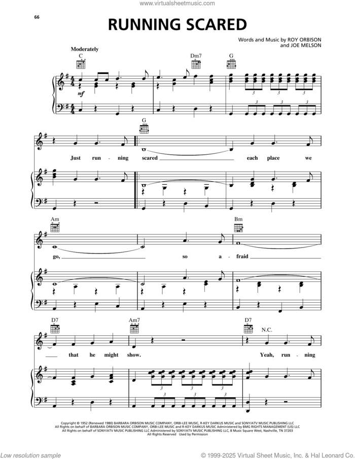 Running Scared sheet music for voice, piano or guitar by Roy Orbison and Joe Melson, intermediate skill level