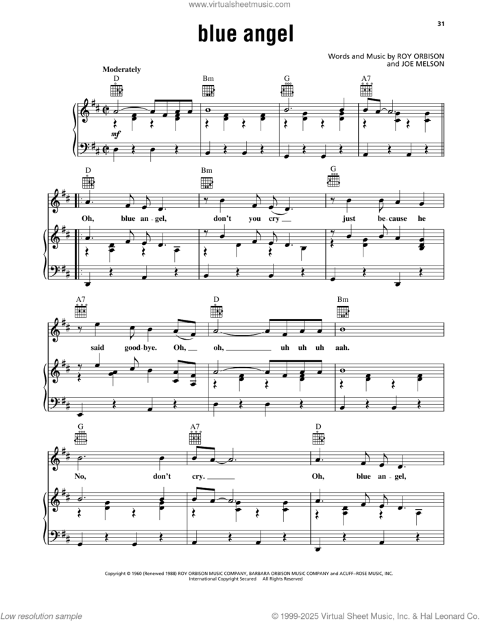 Blue Angel sheet music for voice, piano or guitar by Roy Orbison and Joe Melson, intermediate skill level