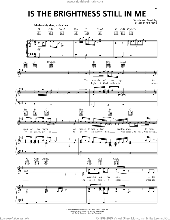 Is The Brightness Still In Me sheet music for voice, piano or guitar by Charlie Peacock, intermediate skill level