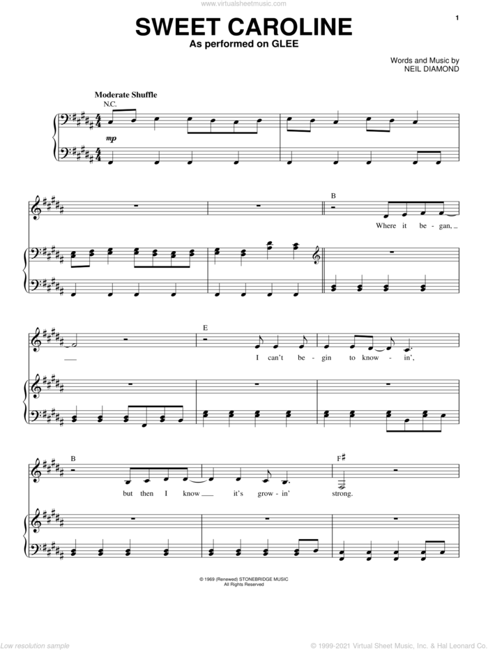 Sweet Caroline sheet music for voice and piano by Glee Cast, Miscellaneous and Neil Diamond, intermediate skill level