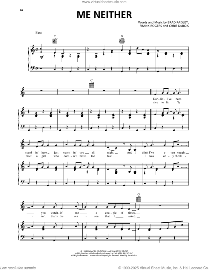Me Neither sheet music for voice, piano or guitar by Brad Paisley, Chris DuBois and Frank Rogers, intermediate skill level