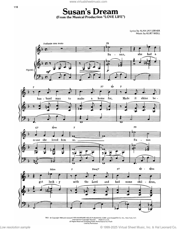 Susan's Dream (from Love Life) sheet music for voice, piano or guitar by Kurt Weill, intermediate skill level