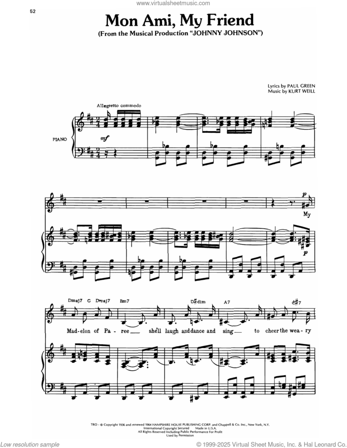 Mon Ami, My Friend (from Johnny Johnson) sheet music for voice, piano or guitar by Kurt Weill and Paul Green, intermediate skill level