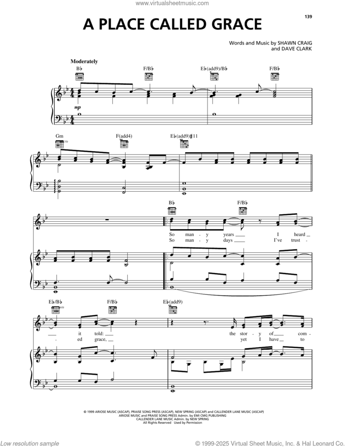 A Place Called Grace sheet music for voice, piano or guitar by Phillips, Craig & Dean, Dave Clark and Shawn Craig, intermediate skill level