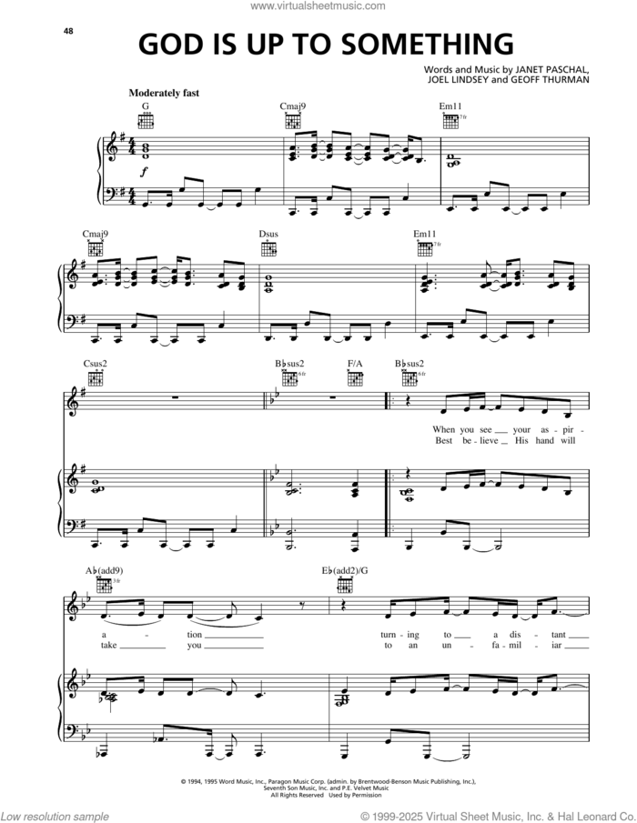 God Is Up To Something sheet music for voice, piano or guitar by Janet Paschal, Geoff Thurman and Joel Lindsey, intermediate skill level