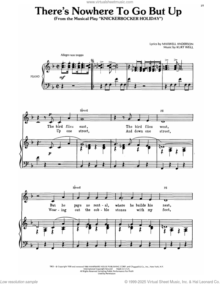 There's Nowhere To Go But Up (from Knickerbocker Holiday) sheet music for voice, piano or guitar by Kurt Weill and Maxwell Anderson, classical score, intermediate skill level