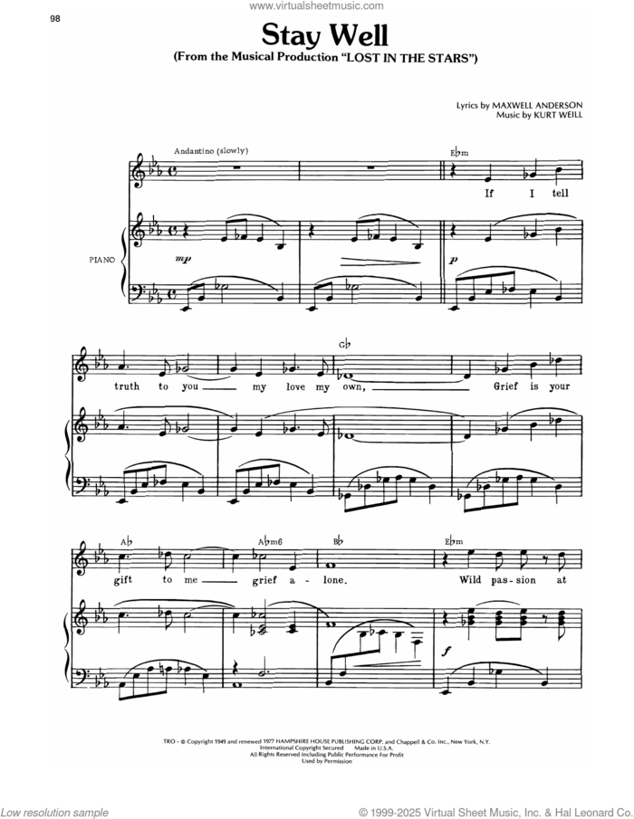 Stay Well (from Lost In The Stars) sheet music for voice, piano or guitar by Kurt Weill and Maxwell Anderson, classical score, intermediate skill level