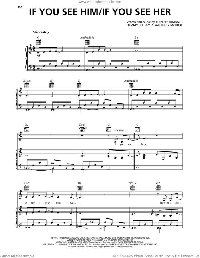 If You See Him/If You See Her sheet music for voice, piano or guitar by Reba McEntire, Reba Mcentire And Brooks & Dunn, Jennifer Kimball, Terry McBride and Tommy Lee James, intermediate skill level