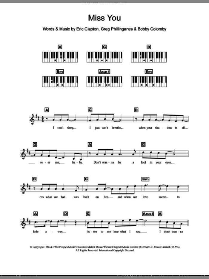 Miss You sheet music for piano solo (chords, lyrics, melody) by Westlife, Eric Clapton, Bobby Colomby and Greg Phillinganes, intermediate piano (chords, lyrics, melody)