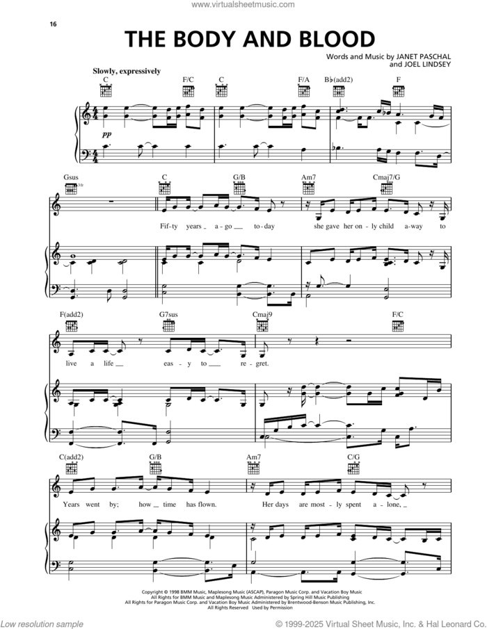 The Body And Blood sheet music for voice, piano or guitar by Janet Paschal and Joel Lindsey, intermediate skill level
