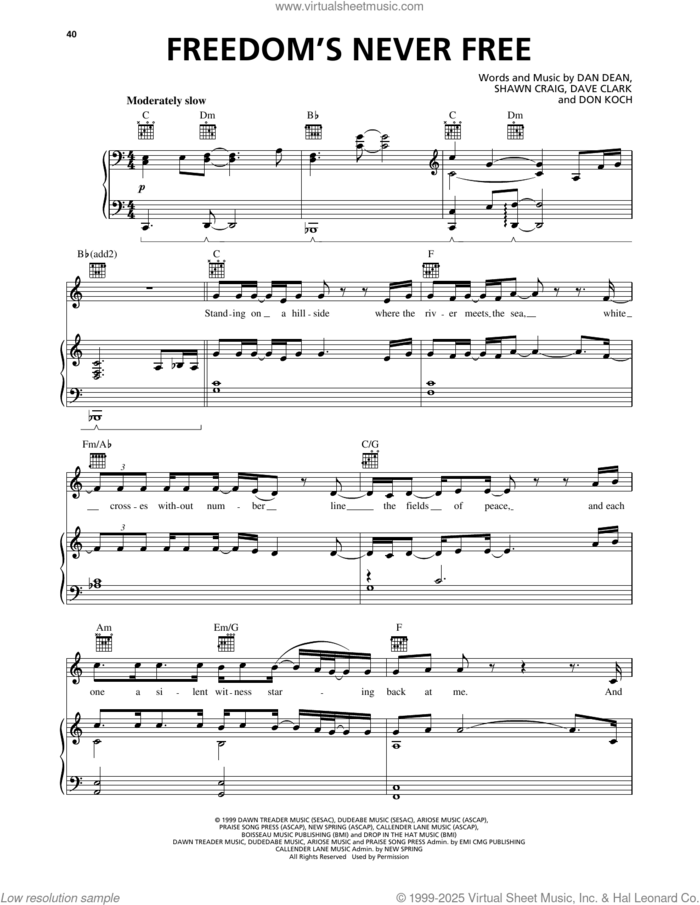 Freedom's Never Free sheet music for voice, piano or guitar by Phillips, Craig & Dean, Dan Dean, Dave Clark, Don Koch and Shawn Craig, intermediate skill level