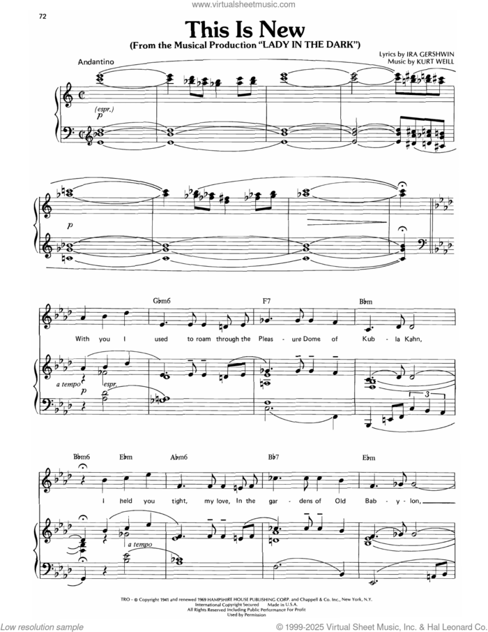 This Is New (from Lady In The Dark) sheet music for voice, piano or guitar by Julie Andrews, Kurt Weill and Ira Gershwin, intermediate skill level
