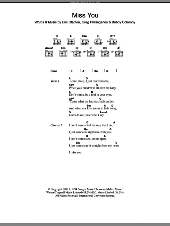 Miss You sheet music for guitar (chords) by Westlife, Eric Clapton, Bobby Colomby and Greg Phillinganes, intermediate skill level
