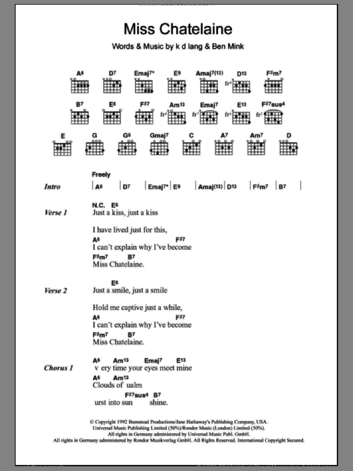 Miss Chatelaine sheet music for guitar (chords) by K.D. Lang and Ben Mink, intermediate skill level