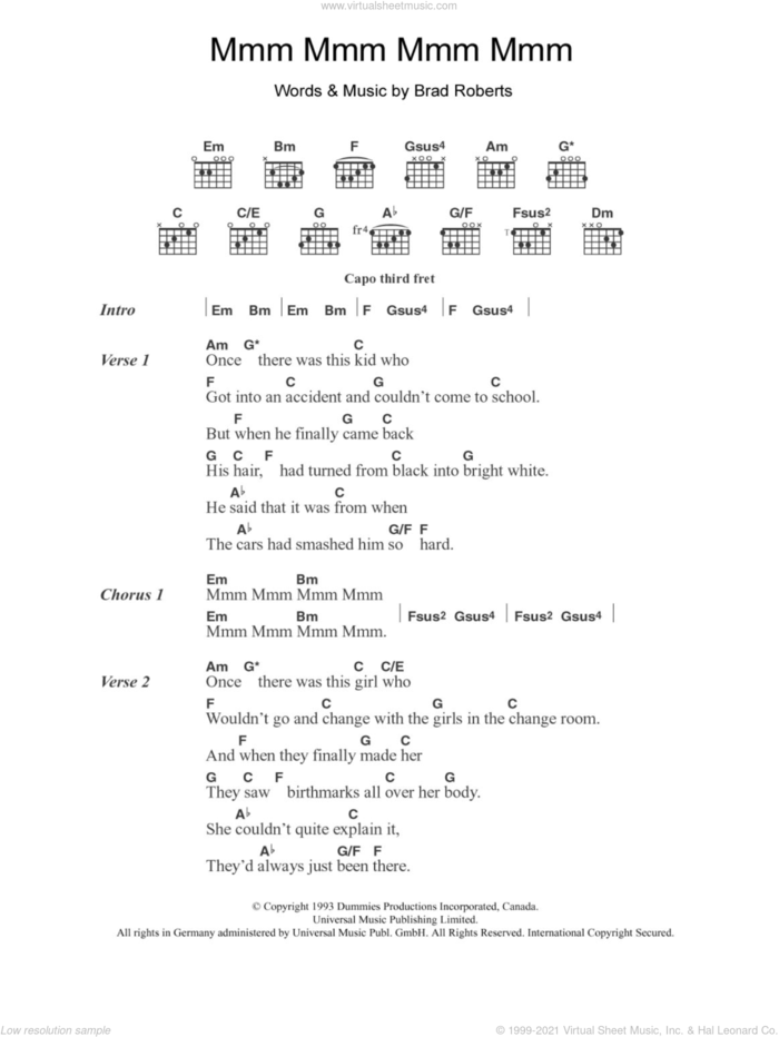 Mmm Mmm Mmm Mmm sheet music for guitar (chords) by Crash Test Dummies and Brad Roberts, intermediate skill level