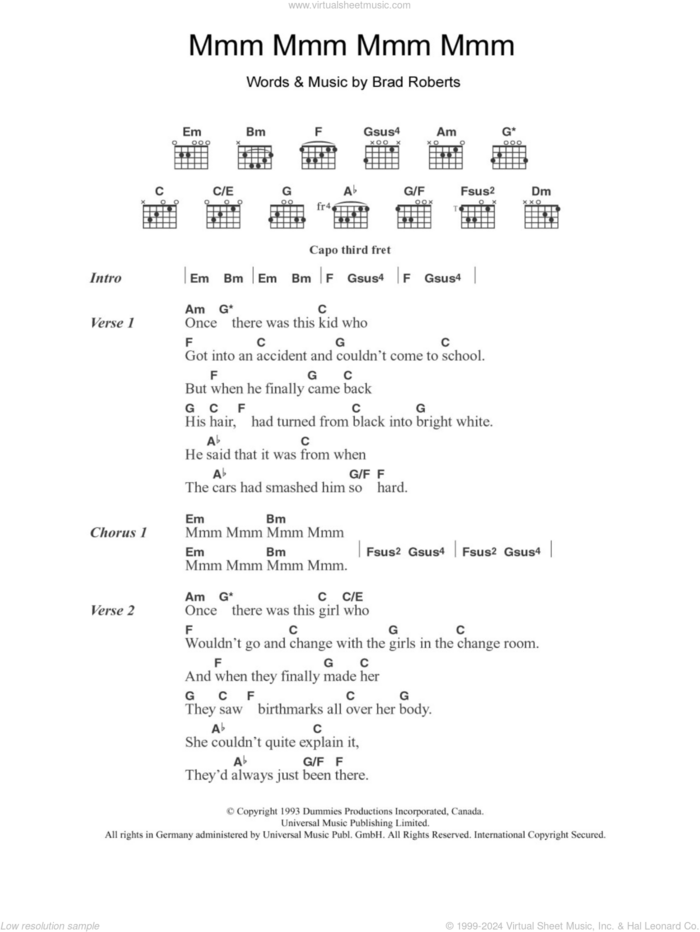 Mmm Mmm Mmm Mmm sheet music for guitar (chords) by Crash Test Dummies and Brad Roberts, intermediate skill level