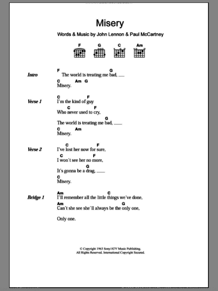Misery sheet music for guitar (chords) by The Beatles, John Lennon and Paul McCartney, intermediate skill level