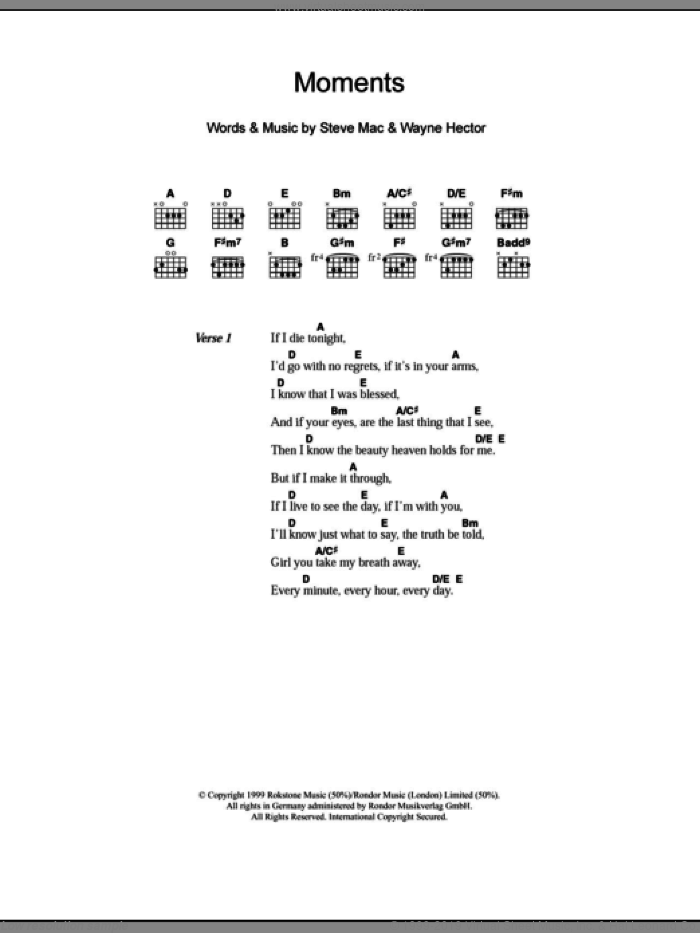 Moments sheet music for guitar (chords) by Westlife, Steve Mac and Wayne Hector, intermediate skill level