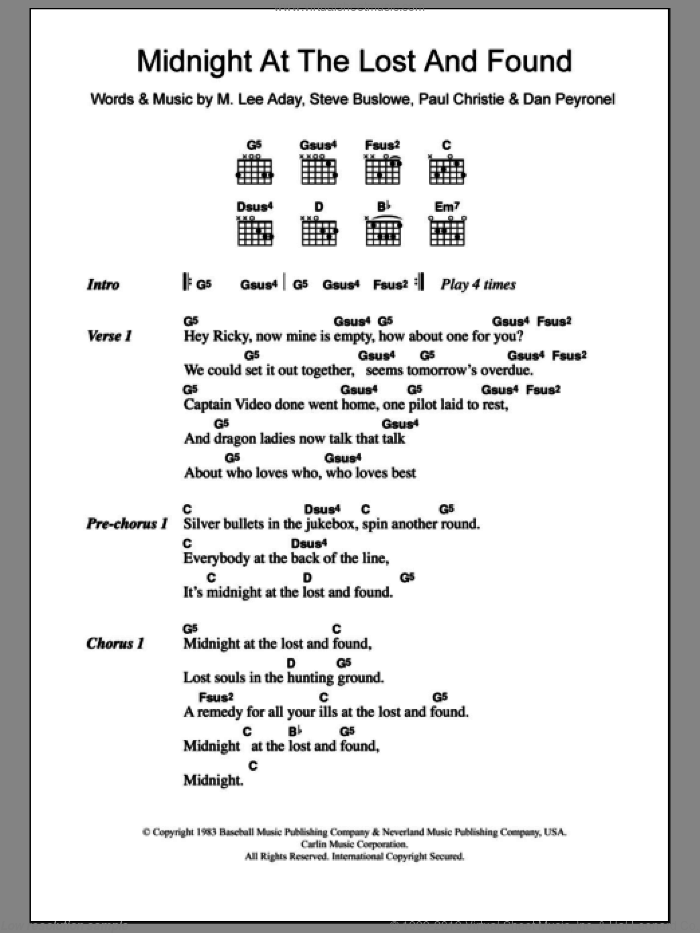 Midnight At The Lost And Found sheet music for guitar (chords) by Meat Loaf, Dan Peyronel, M. Lee Aday, Paul Christie and Steve Buslowe, intermediate skill level