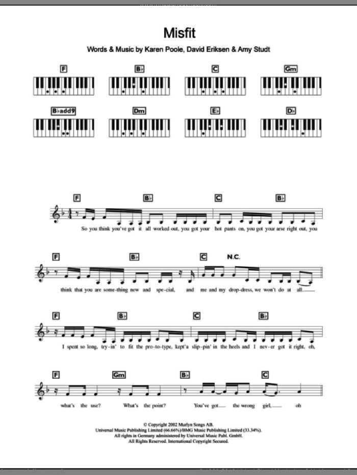 Misfit sheet music for piano solo (chords, lyrics, melody) by Amy Studt, David Eriksen and Karen Poole, intermediate piano (chords, lyrics, melody)