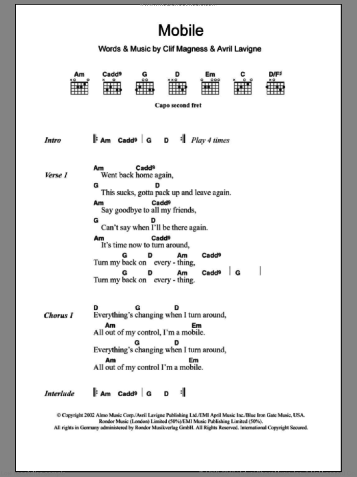 Mobile sheet music for guitar (chords) by Avril Lavigne and Clif Magness, intermediate skill level