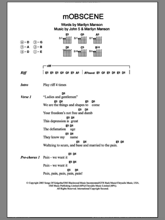 mOBSCENE sheet music for guitar (chords) by Marilyn Manson and John5, intermediate skill level