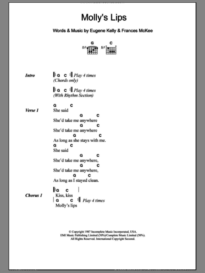 Molly's Lips sheet music for guitar (chords) by Nirvana, Eugene Kelly and Frances McKee, intermediate skill level