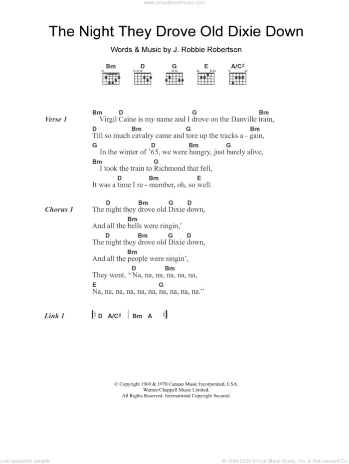 The Night They Drove Old Dixie Down sheet music for guitar (chords) by Joan Baez and Robbie Robertson, intermediate skill level