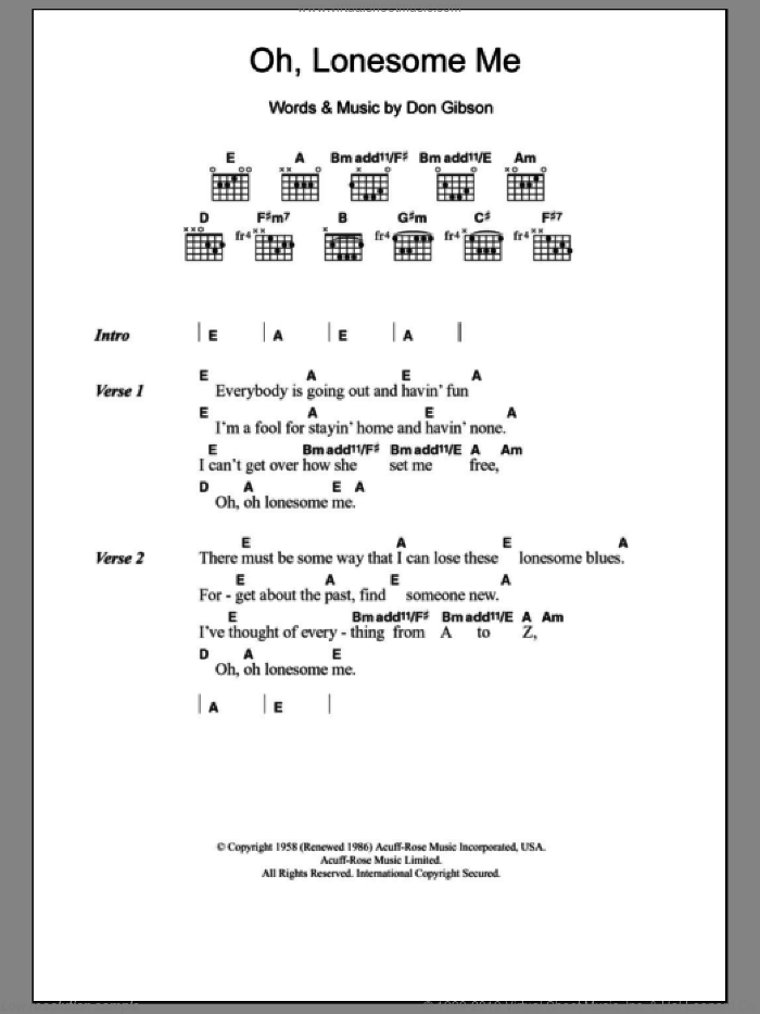 Oh, Lonesome Me sheet music for guitar (chords) by Neil Young and Don Gibson, intermediate skill level