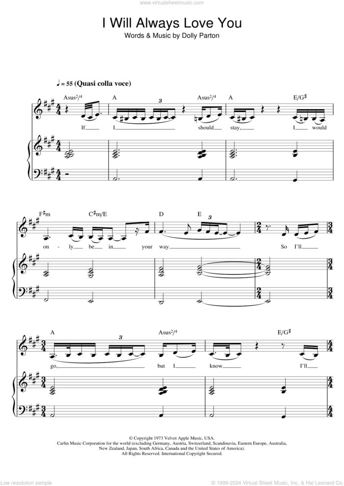 I Will Always Love You sheet music for voice and piano by Whitney Houston, David Foster and Dolly Parton, wedding score, intermediate skill level