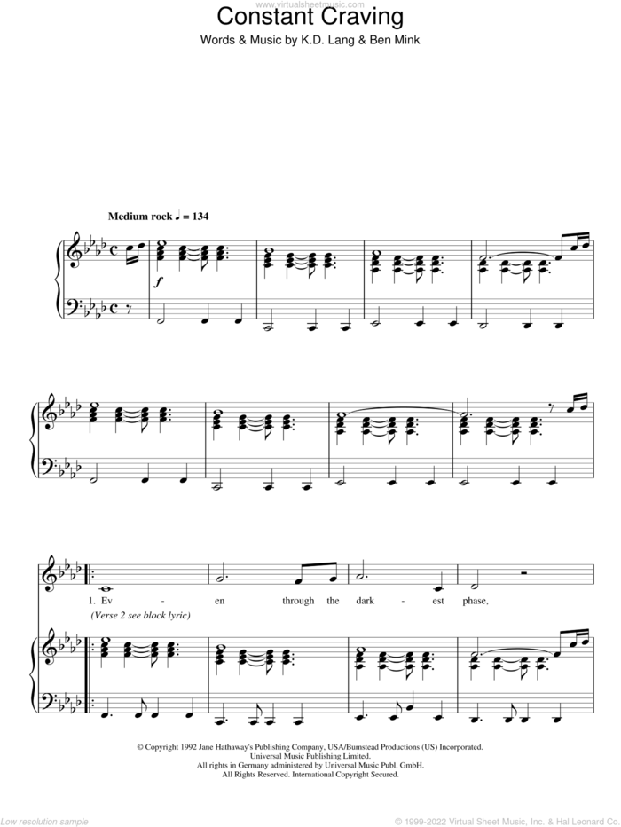 Constant Craving sheet music for piano solo by K.D. Lang and Ben Mink, easy skill level