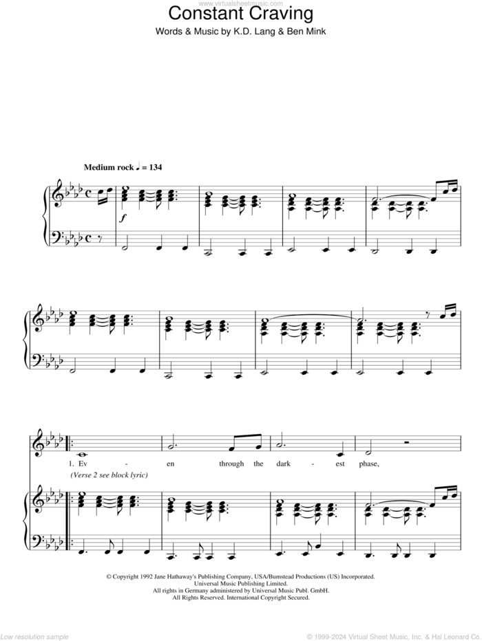 Constant Craving sheet music for piano solo by K.D. Lang and Ben Mink, easy skill level