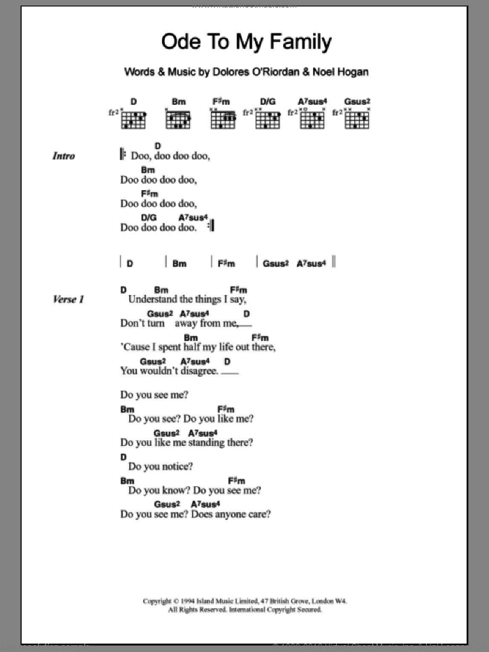 Ode To My Family sheet music for guitar (chords) by The Cranberries and Noel Hogan, intermediate skill level