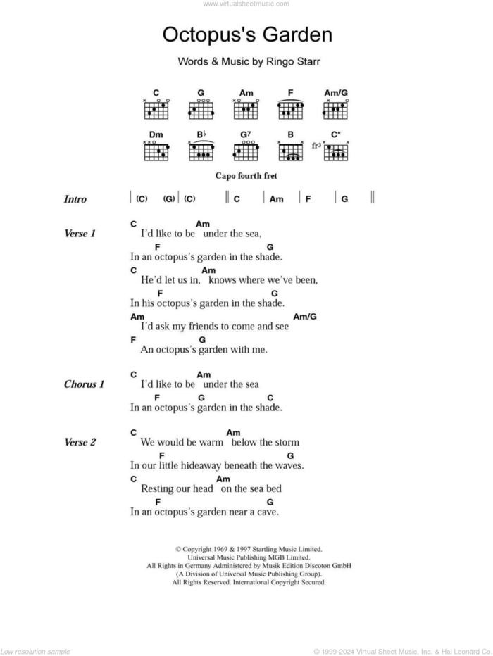 Octopus's Garden sheet music for guitar (chords) by The Beatles and Ringo Starr, intermediate skill level