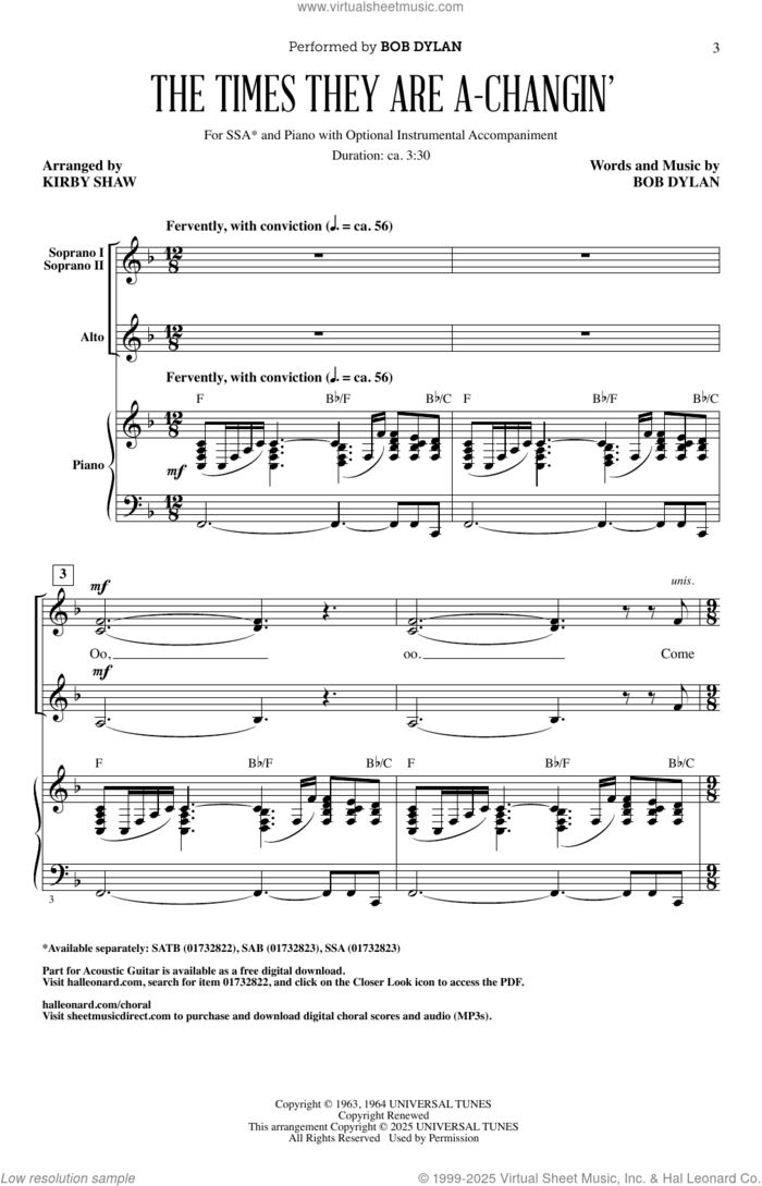 The Times They Are A-Changin' (arr. Kirby Shaw) sheet music for choir (SSA: soprano, alto) by Bob Dylan and Kirby Shaw, intermediate skill level