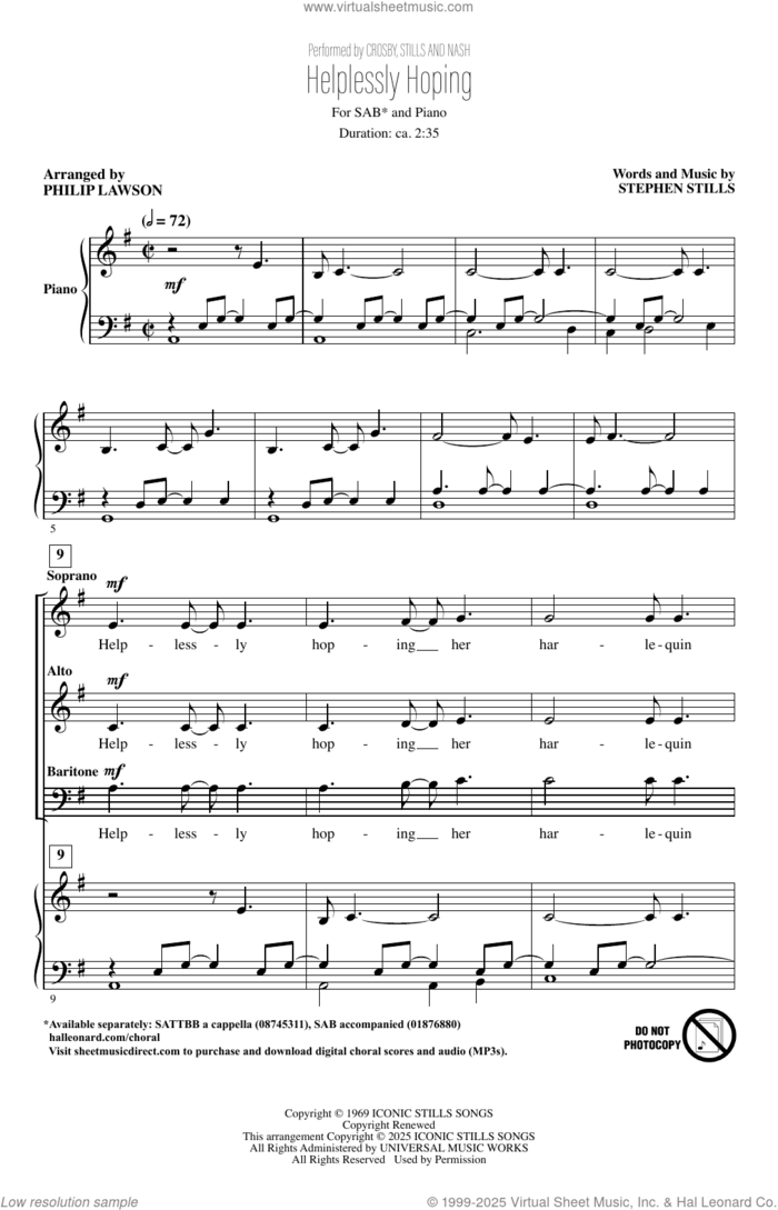 Helplessly Hoping (arr. Philip Lawson) sheet music for choir (SAB: soprano, alto, bass) by Crosby, Stills & Nash, Philip Lawson and Stephen Stills, intermediate skill level