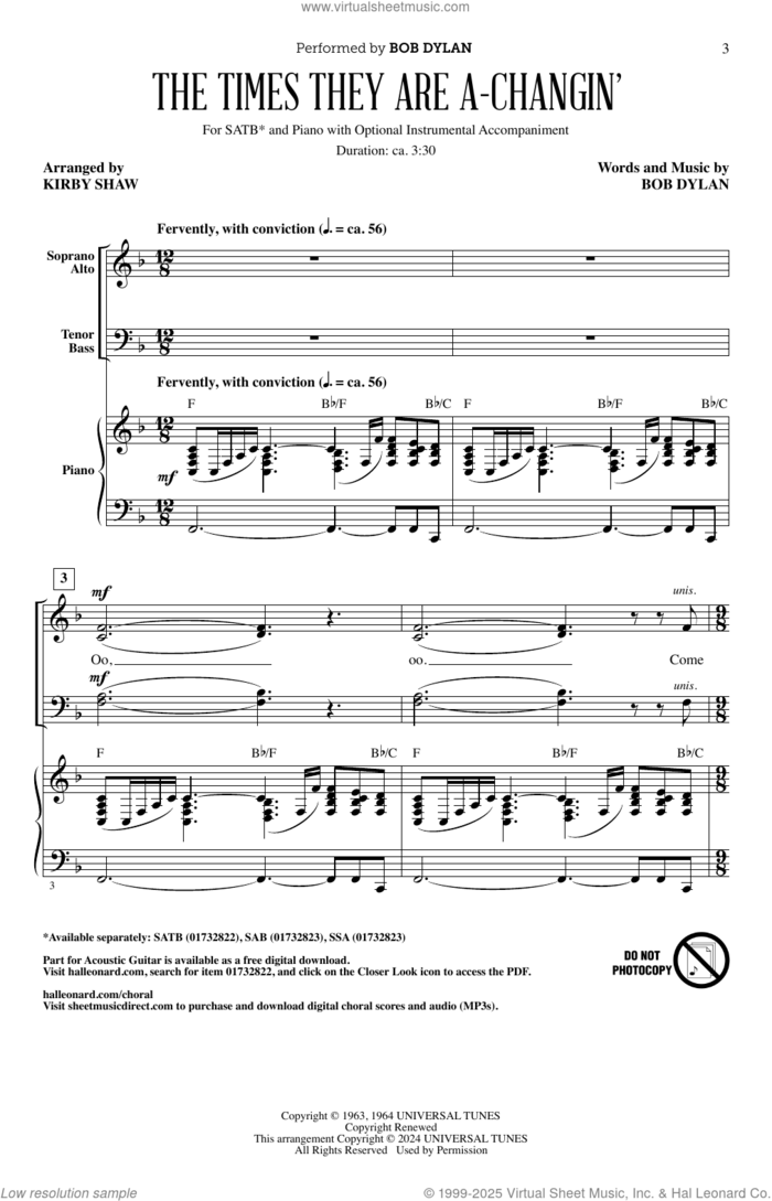 The Times They Are A-Changin' (arr. Kirby Shaw) sheet music for choir (SATB: soprano, alto, tenor, bass) by Bob Dylan and Kirby Shaw, intermediate skill level