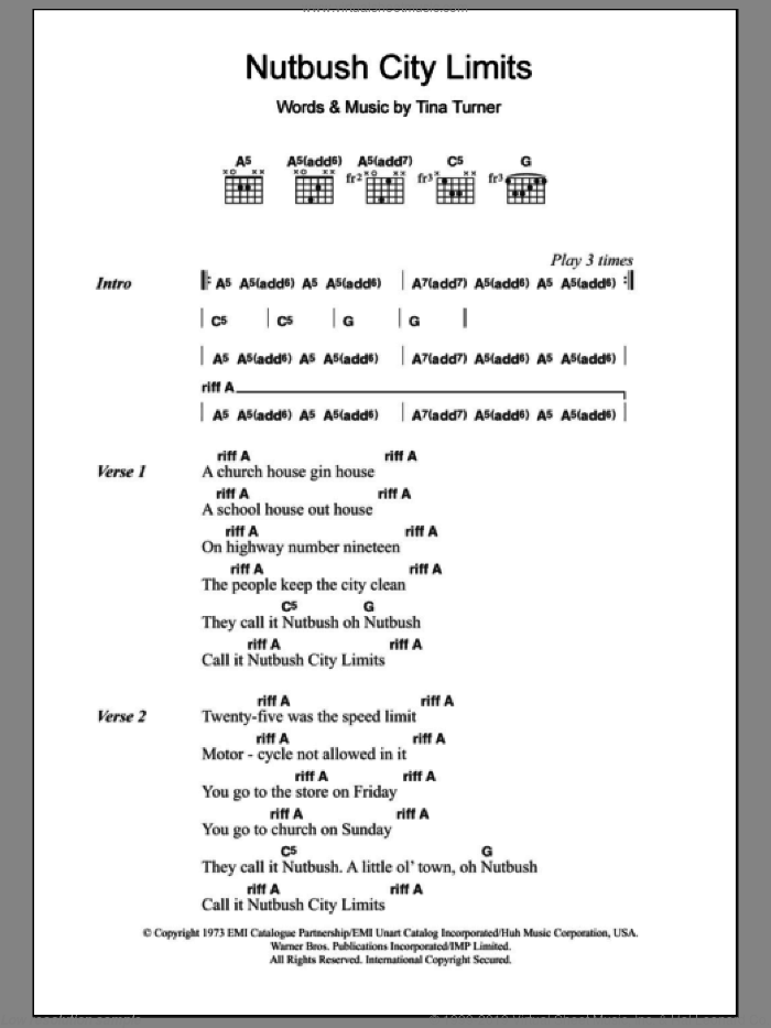Nutbush City Limits sheet music for guitar (chords) by Tina Turner, intermediate skill level