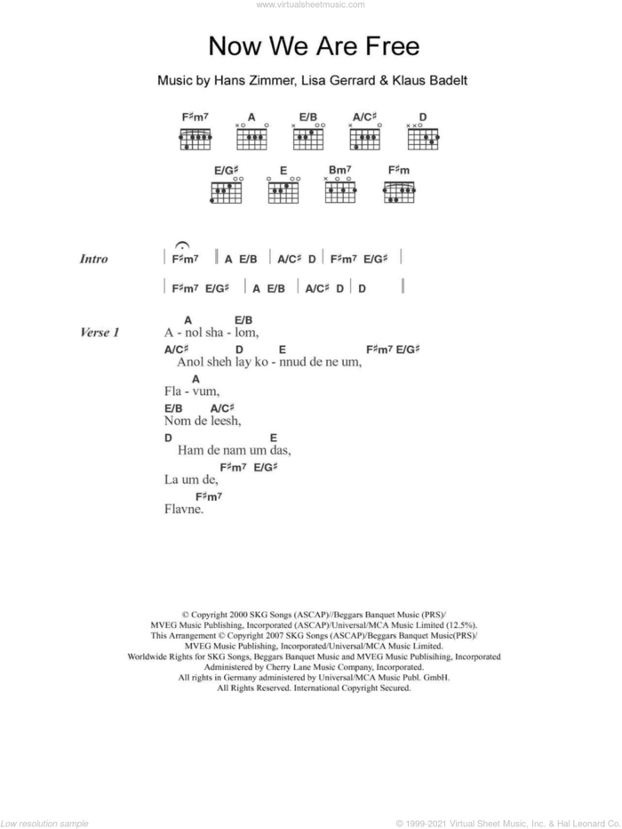 Now We Are Free sheet music for guitar (chords) by Lisa Gerrard, Hans Zimmer and Klaus Badelt, intermediate skill level