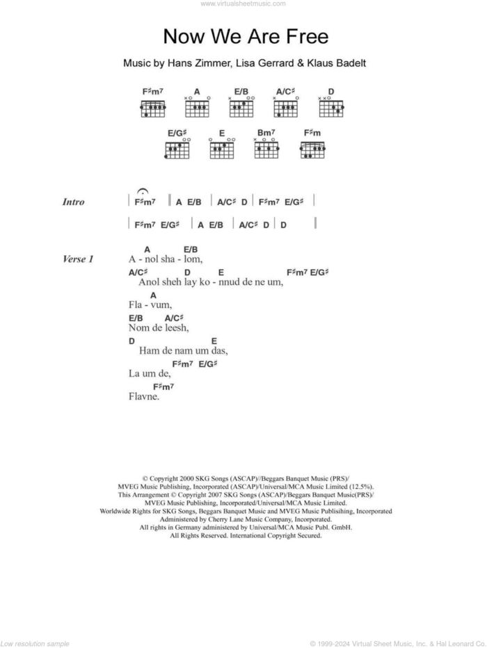 Now We Are Free sheet music for guitar (chords) by Lisa Gerrard, Hans Zimmer and Klaus Badelt, intermediate skill level