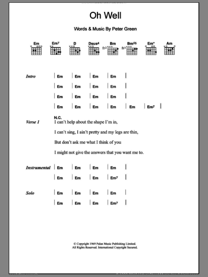 Oh Well sheet music for guitar (chords) by Fleetwood Mac and Peter Green, intermediate skill level