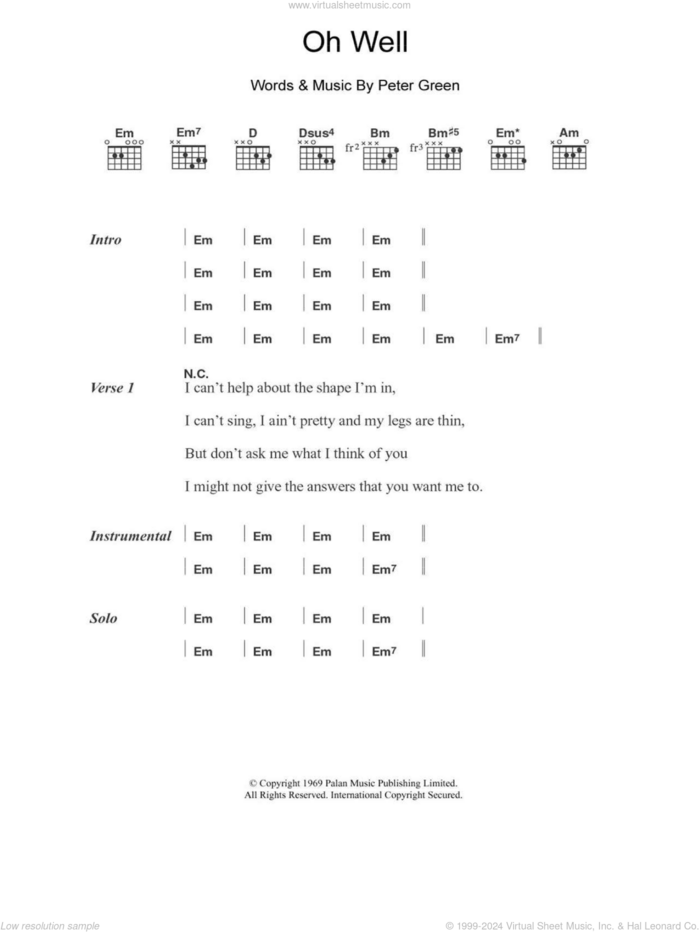 Oh Well sheet music for guitar (chords) by Fleetwood Mac and Peter Green, intermediate skill level