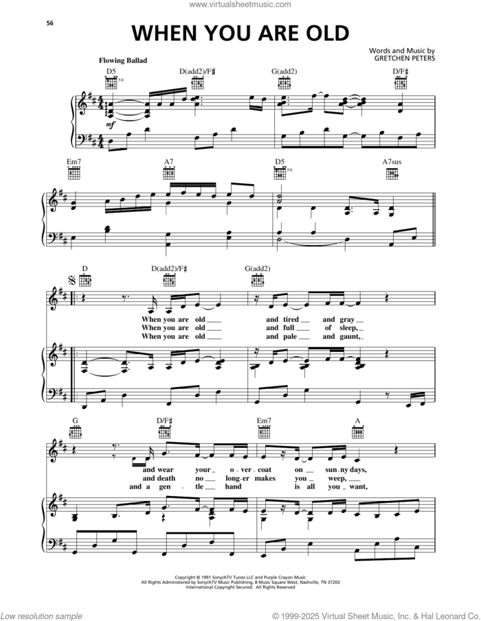 When You Are Old sheet music for voice, piano or guitar by Gretchen Peters, intermediate skill level