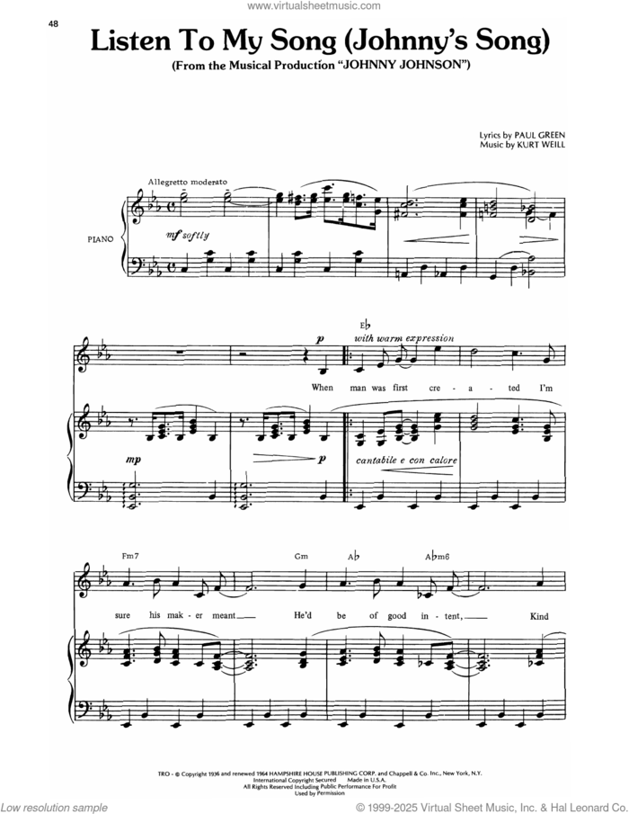 Listen To My Song (from Johnny Johnson) sheet music for voice, piano or guitar by Kurt Weill, intermediate skill level