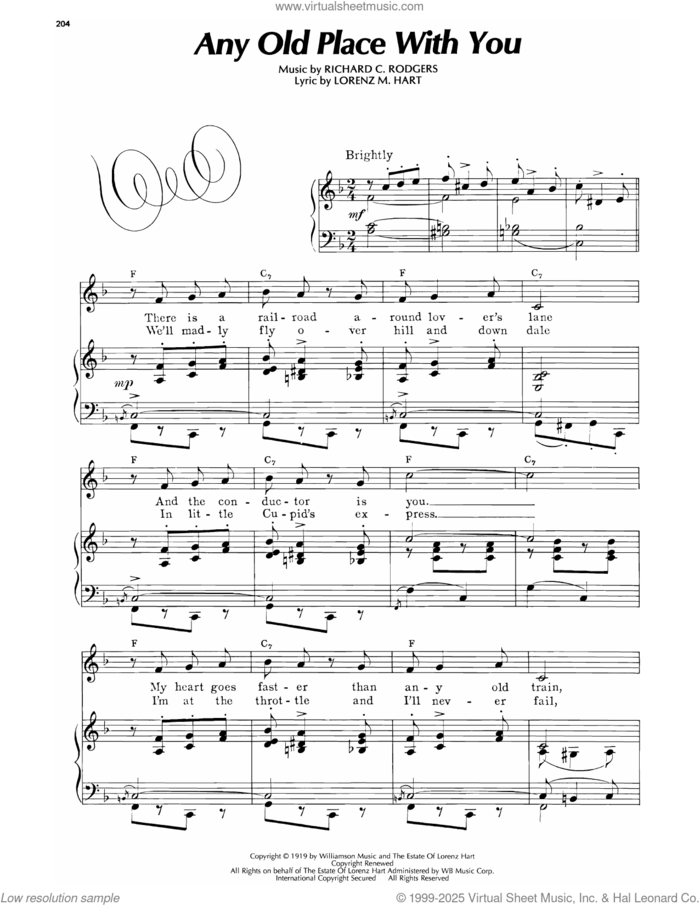 Any Old Place With You (from A Lonely Romeo) sheet music for voice, piano or guitar by Lorenz Hart and Richard Rodgers, intermediate skill level