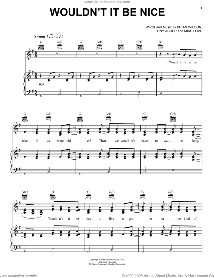 Wouldn't It Be Nice sheet music for voice, piano or guitar by Trousdale, Brian Wilson, Mike Love and Tony Asher, intermediate skill level